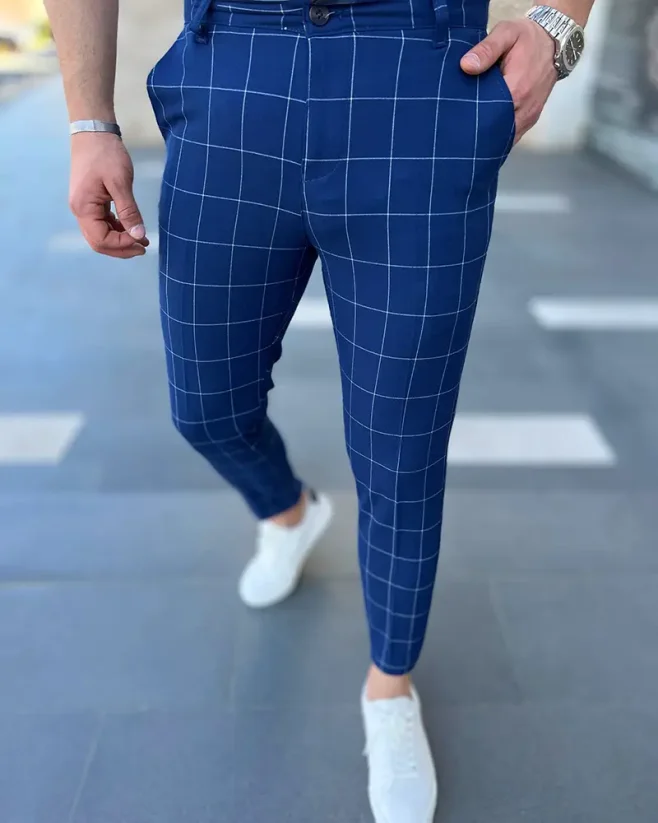 Kárované pánske elegantné nohavice modré DJP63