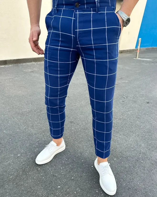 Elegantní pánské kárované kalhoty modré DJP85