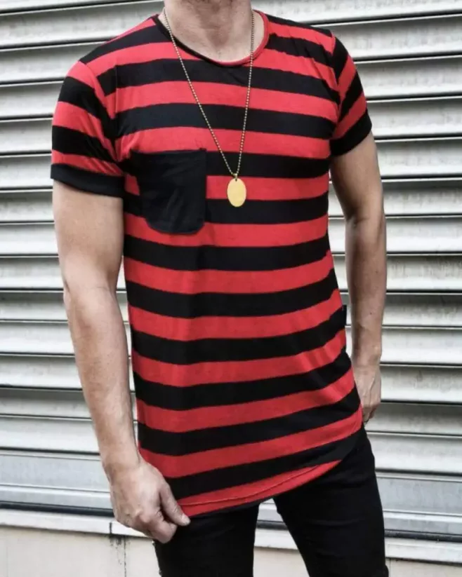 Pánské pruhované tričko s kapsou černo-červené OT SS - Velikost: M