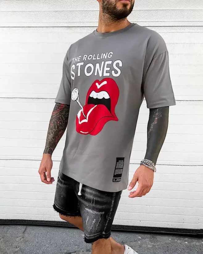 Pánské šedé tričko Black Island Rolling Stones - Velikost: XL