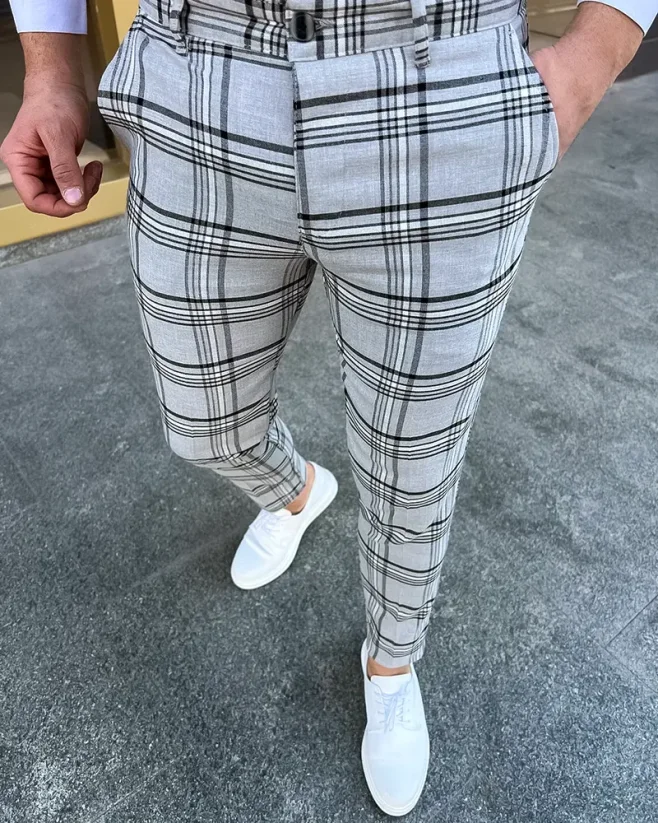 Elegantné pánske kárované nohavice sivé DJP80