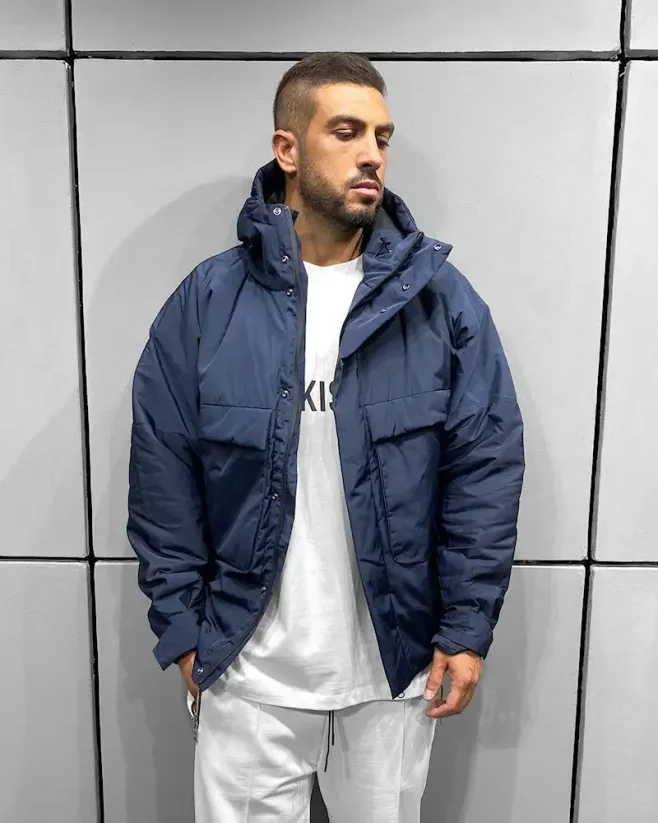 Men's puffer winter bomber jacket Black Island blue - Size: M