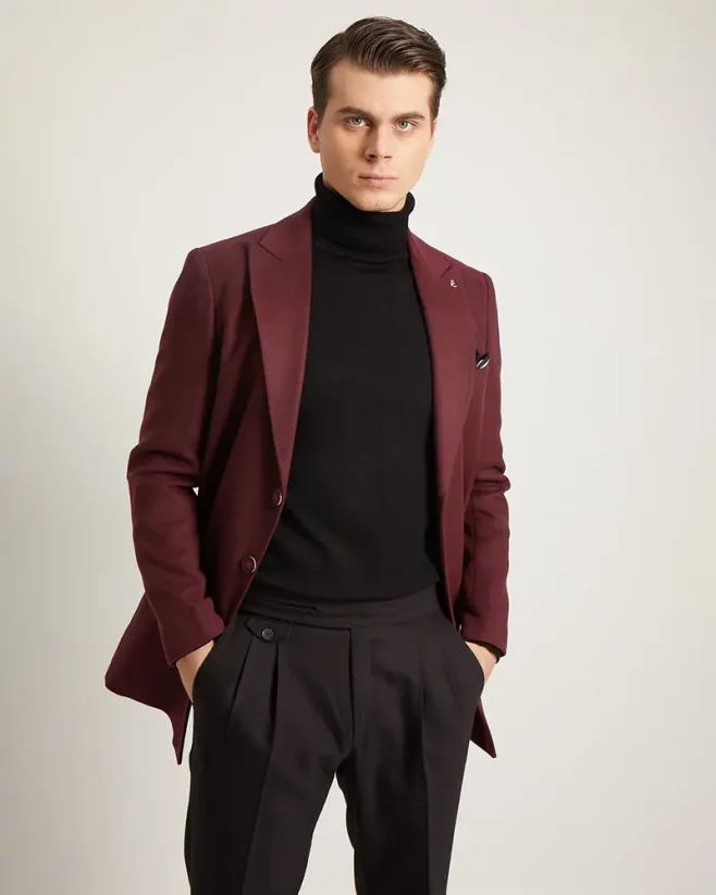 Men's winter coat with a sharp collar burgundy - Size: 50 (M/L)