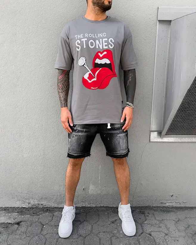 Pánské šedé tričko Black Island Rolling Stones - Velikost: XL