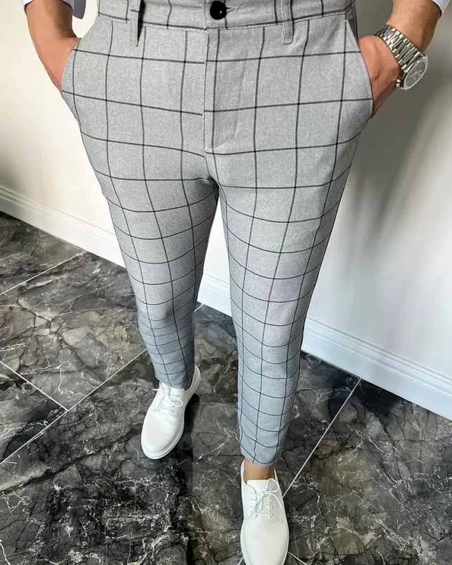Elegant men's checked trousers grey DJP86 - Size: 33