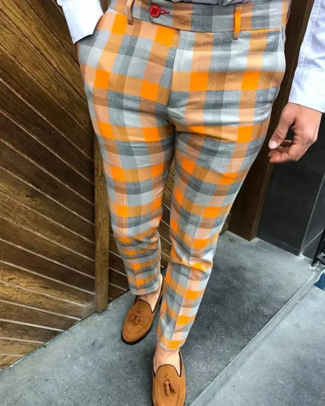 Luxusné pánske kárované nohavice oranžové DJPE71 Exclusive - Veľkosť: 31