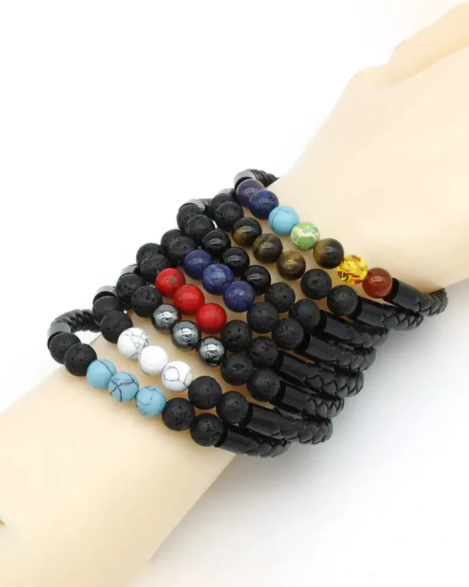 Men's magnetic bracelet with lava stones and black beads