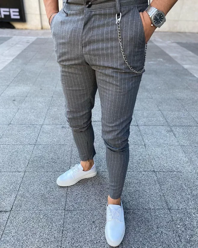 Pánske elegantné pásikavé SKINNY nohavice šedé DJP29