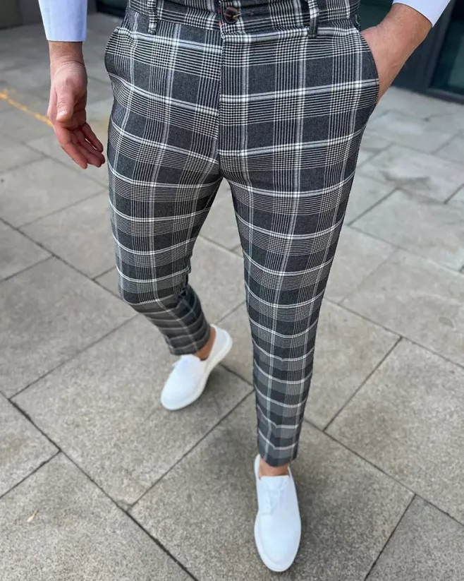Elegantné pánske kárované nohavice šedé DJP87 - Veľkosť: 31