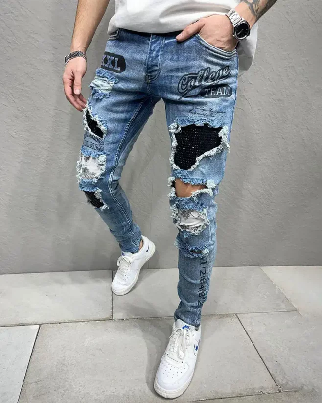 Modré pánské roztrhané džíny 2Y Premium Collage