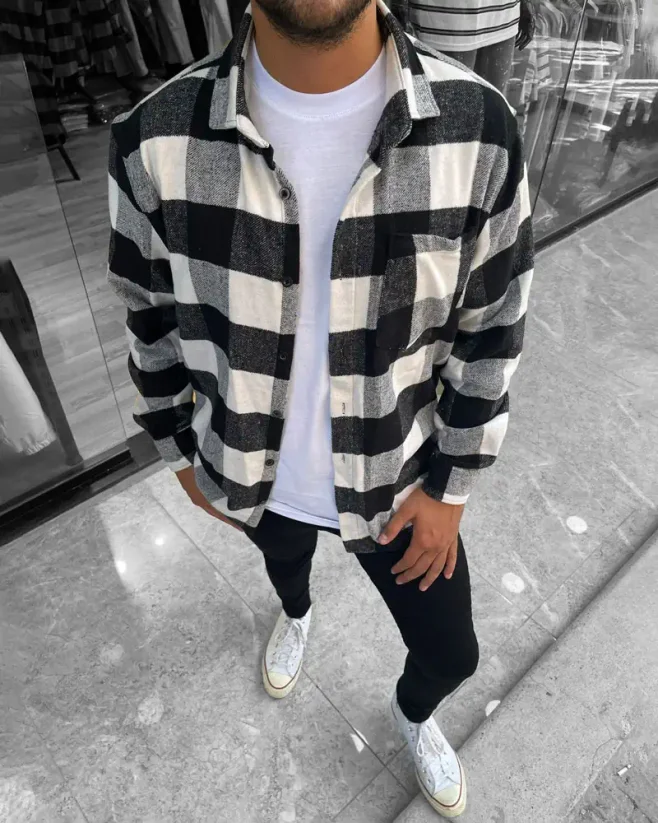 Black-white-men's flannel shirt OT SS Check