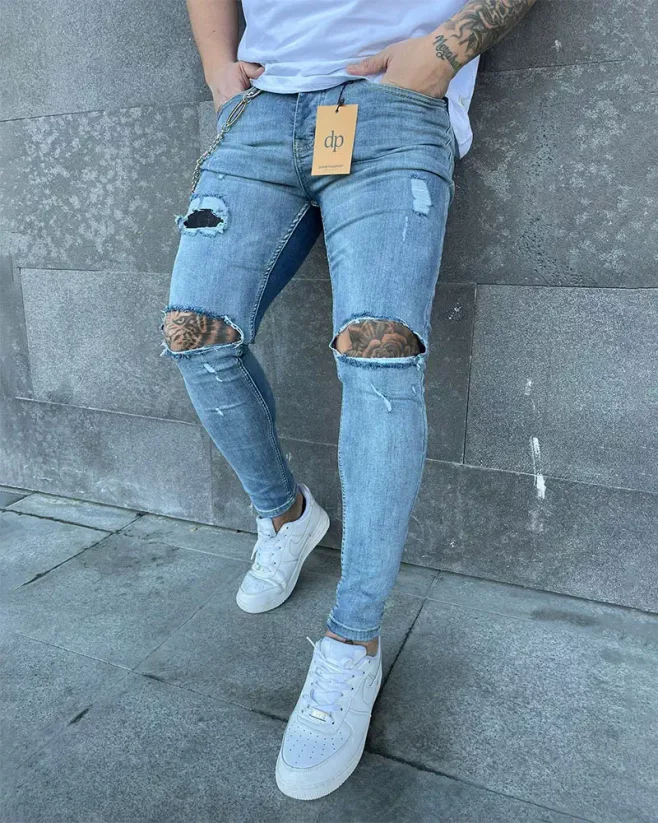 Světle-modré pánské roztrhané džíny DP141
