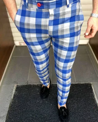 Luxusné pánske kárované nohavice modré DJPE71 Exclusive