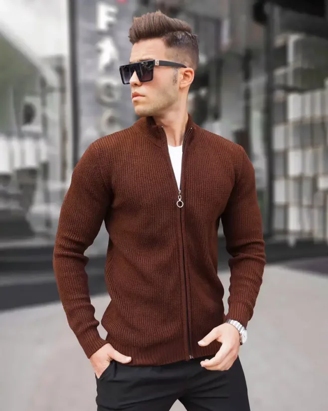 Hnedý pánsky sveter na zips MX Pass