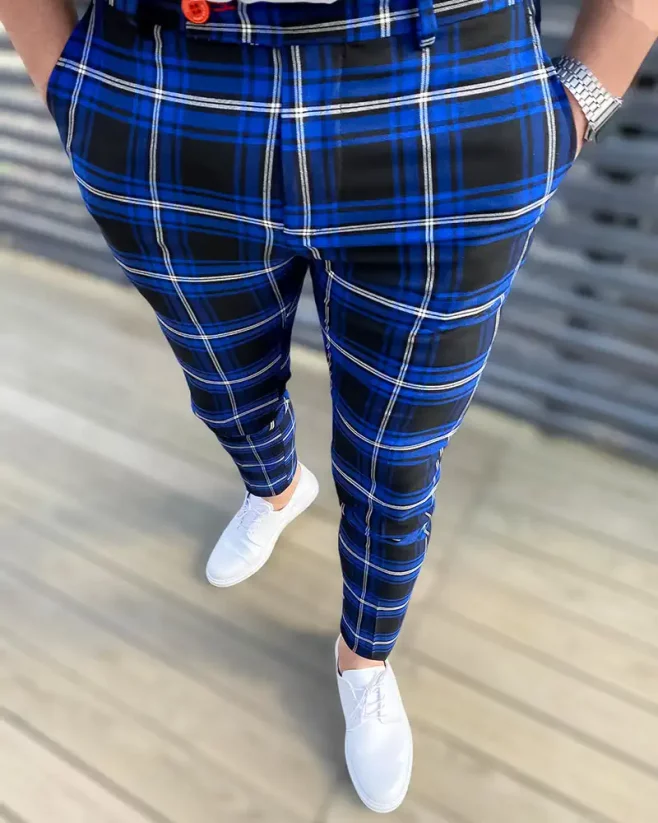 Luxusné pánske kárované nohavice modré DJPE02 Exclusive