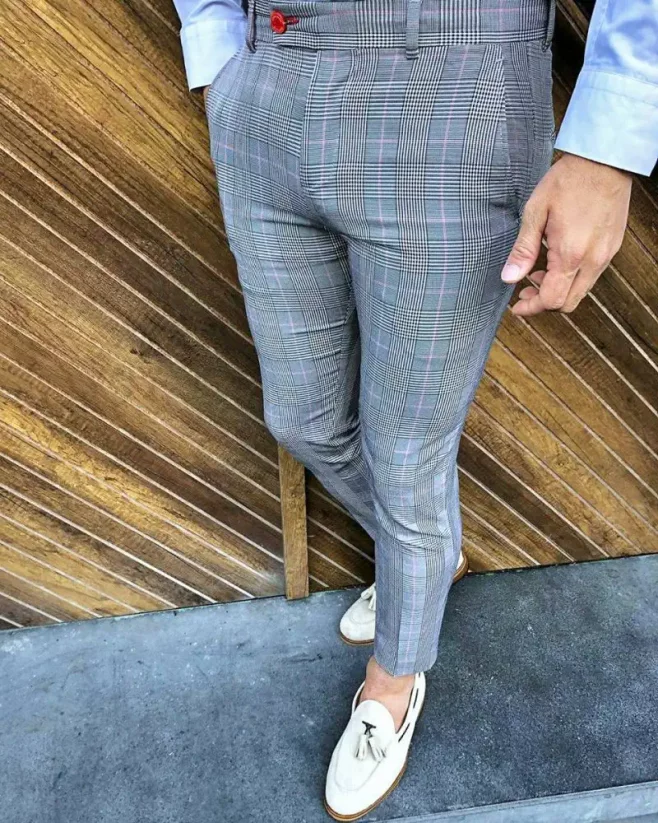 Elegantní pánské kárované kalhoty šedé DJPE73 Exclusive