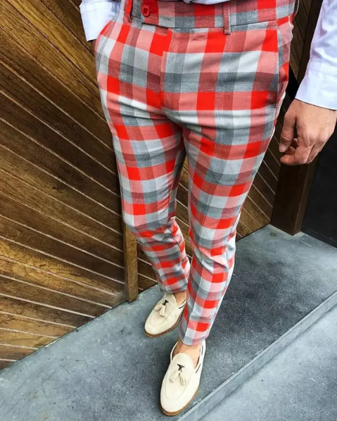 Luxusní pánské kárované kalhoty červené DJPE71 Exclusive - Velikost: 31
