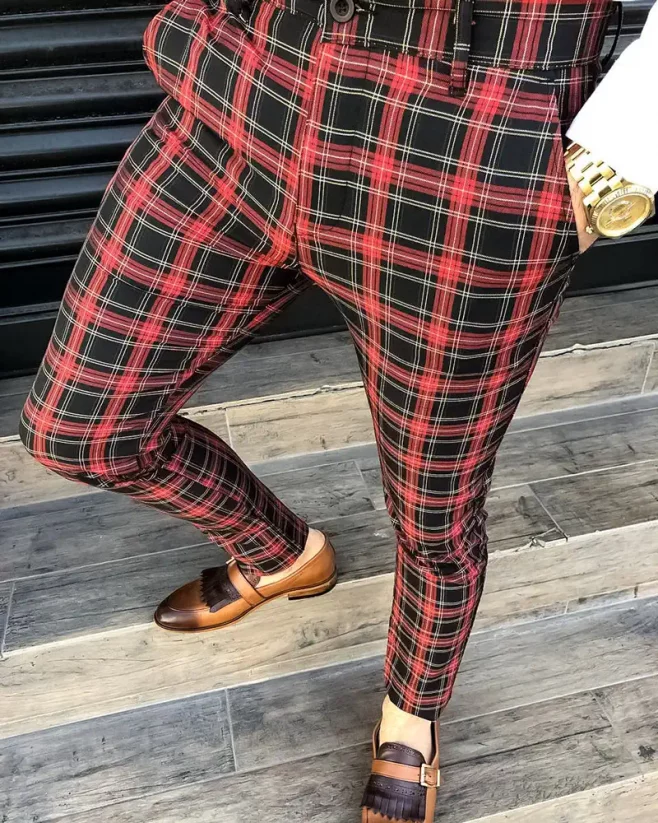 Elegantní pánské kárované kalhoty červené DJP23