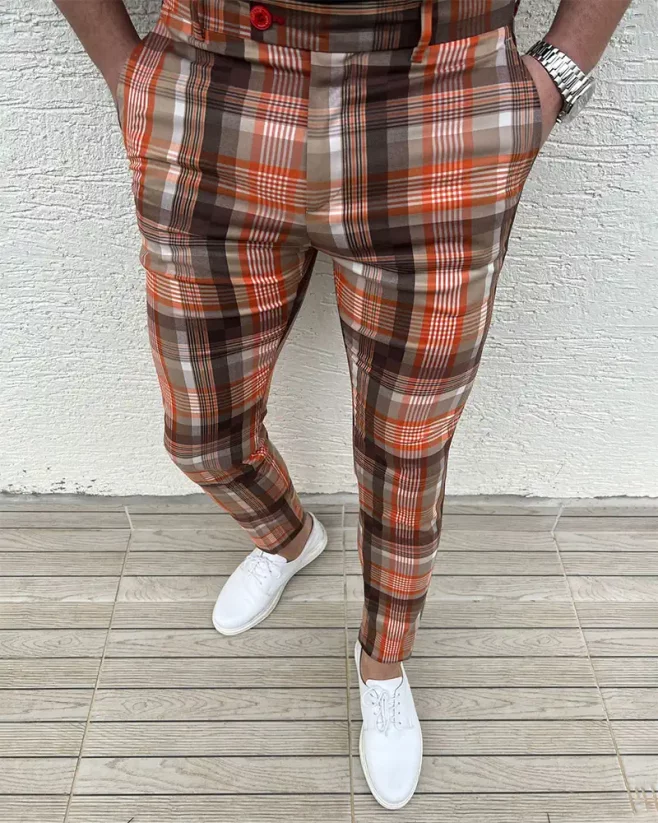 Luxusné pánske kárované nohavice oranžové DJPE20 Exclusive - Veľkosť: 31