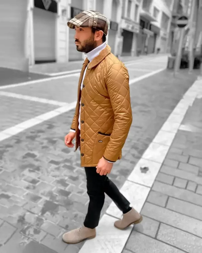 Elegant men's transitional jacket gold DJP90 - Size: S