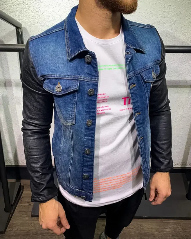 Men's blue denim jacket with leather sleeves DR Night