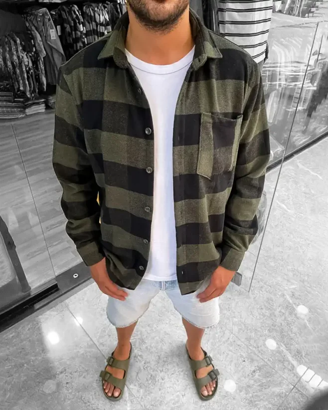 Green men's flannel shirt OT SS Check
