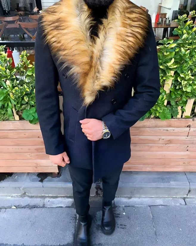 Pánsky zimný kabát s kožušinkou tmavo-modrý Felix - Veľkosť: 56 (XL)