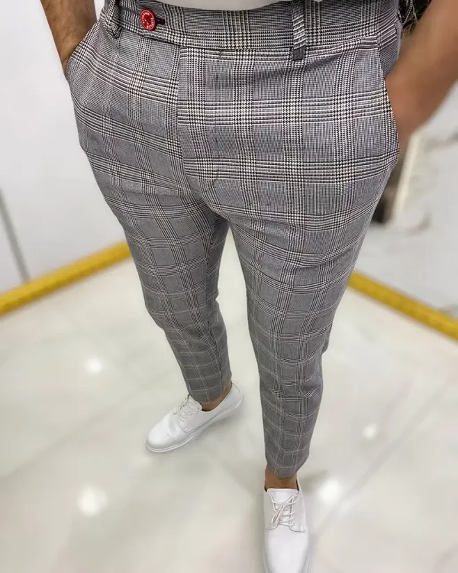Luxusné pánske kárované nohavice sivé DJPE04 Exclusive