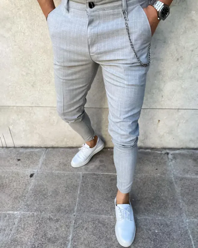 Pánske elegantné pásikavé SKINNY nohavice sivé DJP29