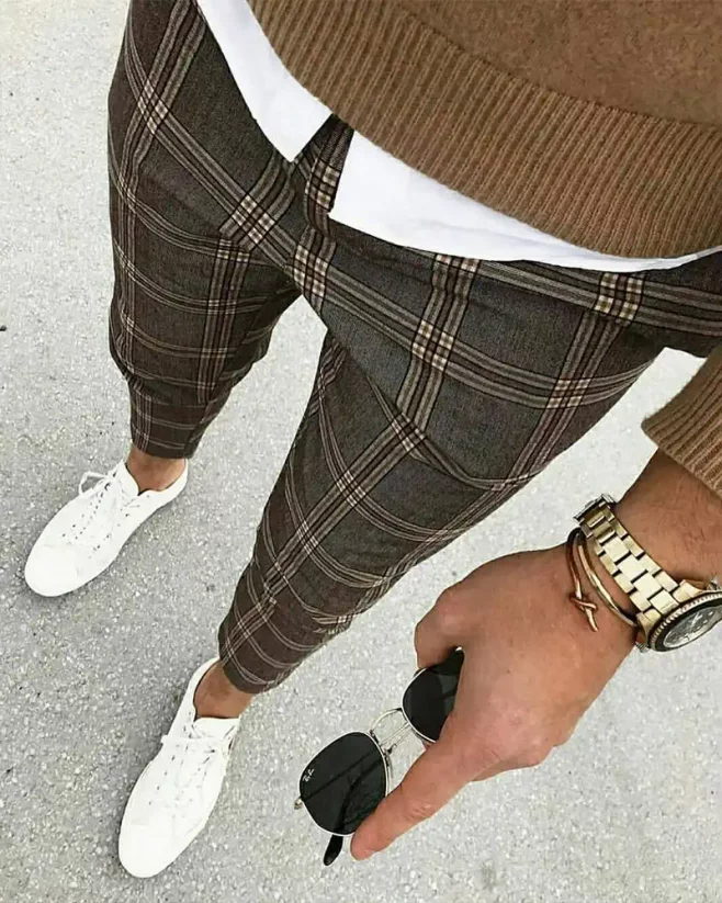 Luxusné pánske kárované nohavice šedé DJPE17 Exclusive