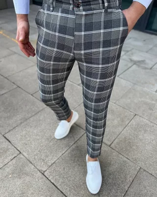 Elegantné pánske kárované nohavice šedé DJP87