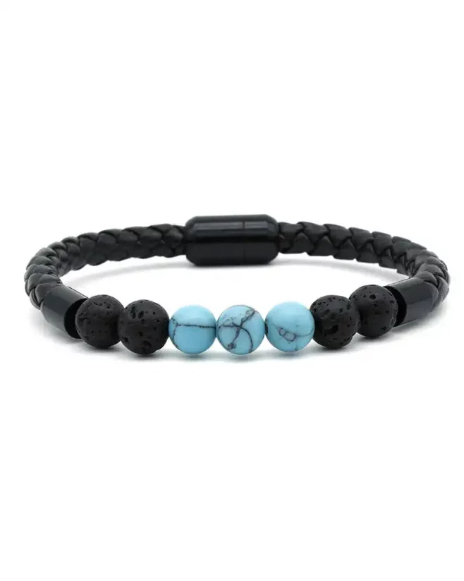 Men's magnetic bracelet with lava stones and turquoise stones