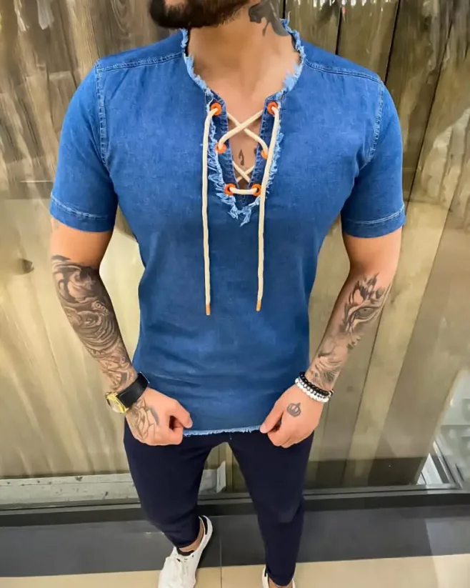 Světle-modrá pánská riflová košile s krátkým rukávem MR Chic